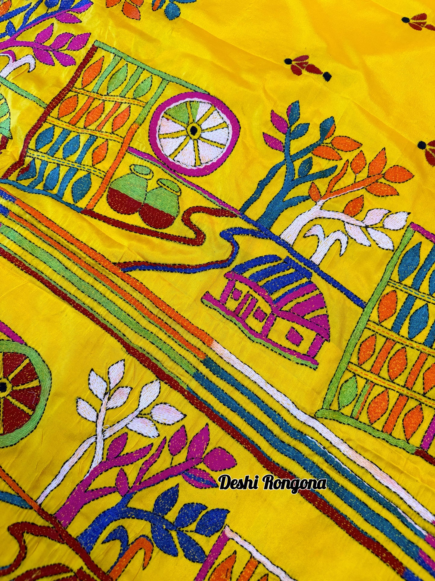 Yellow Bangalore Silk Kantha Saree
