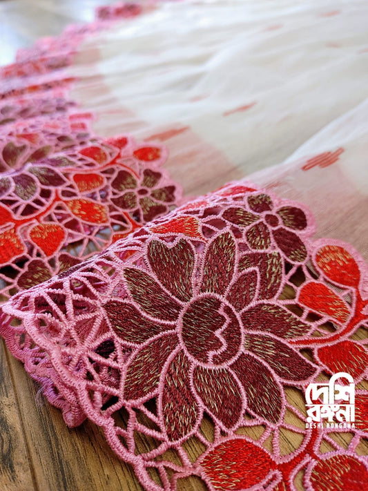 White-Red Cutwork Dhakai Jamdani – Designer Collection