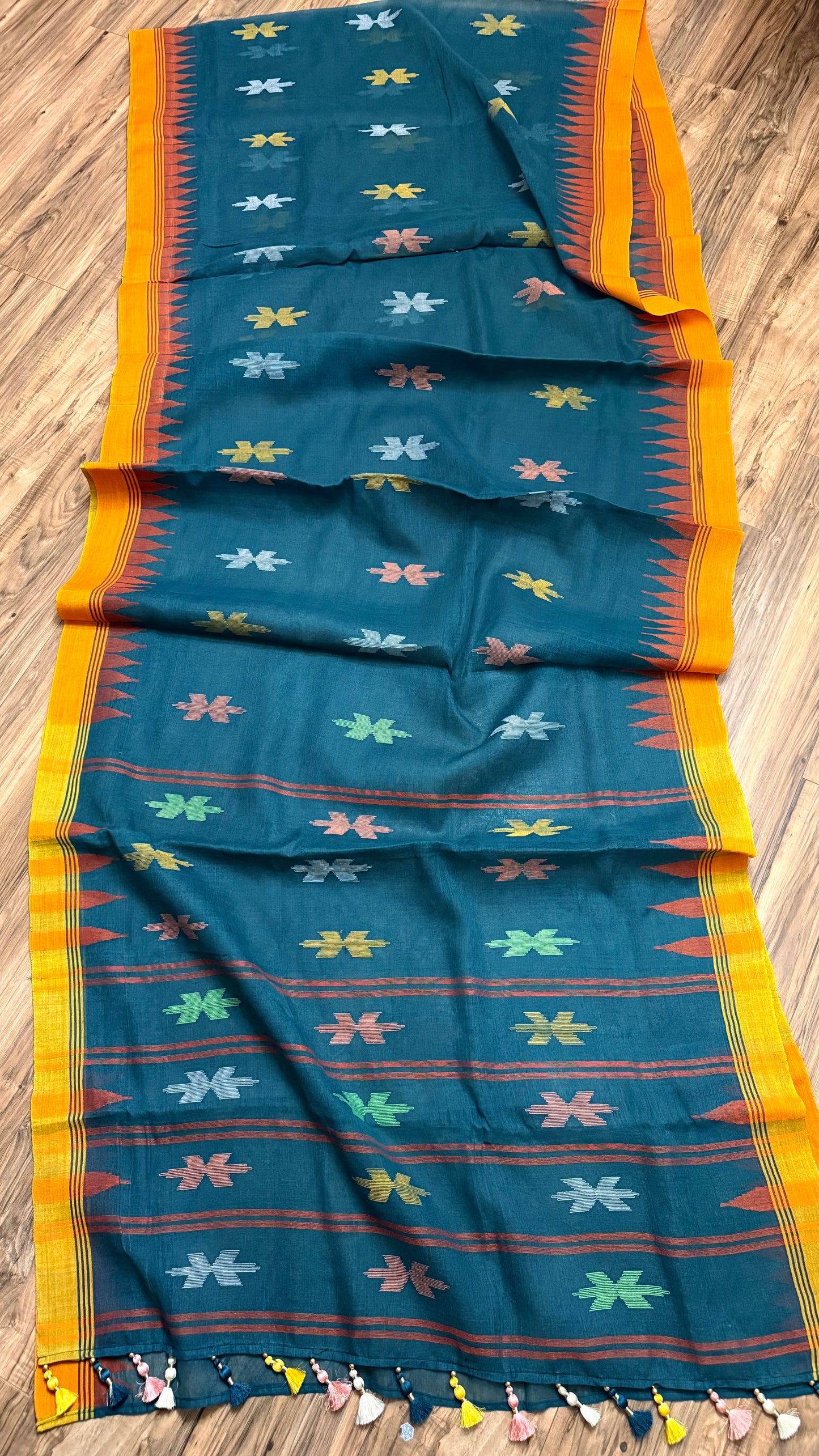 Sylheti Monipuri Handwoven Sea Green Saree with Orange
