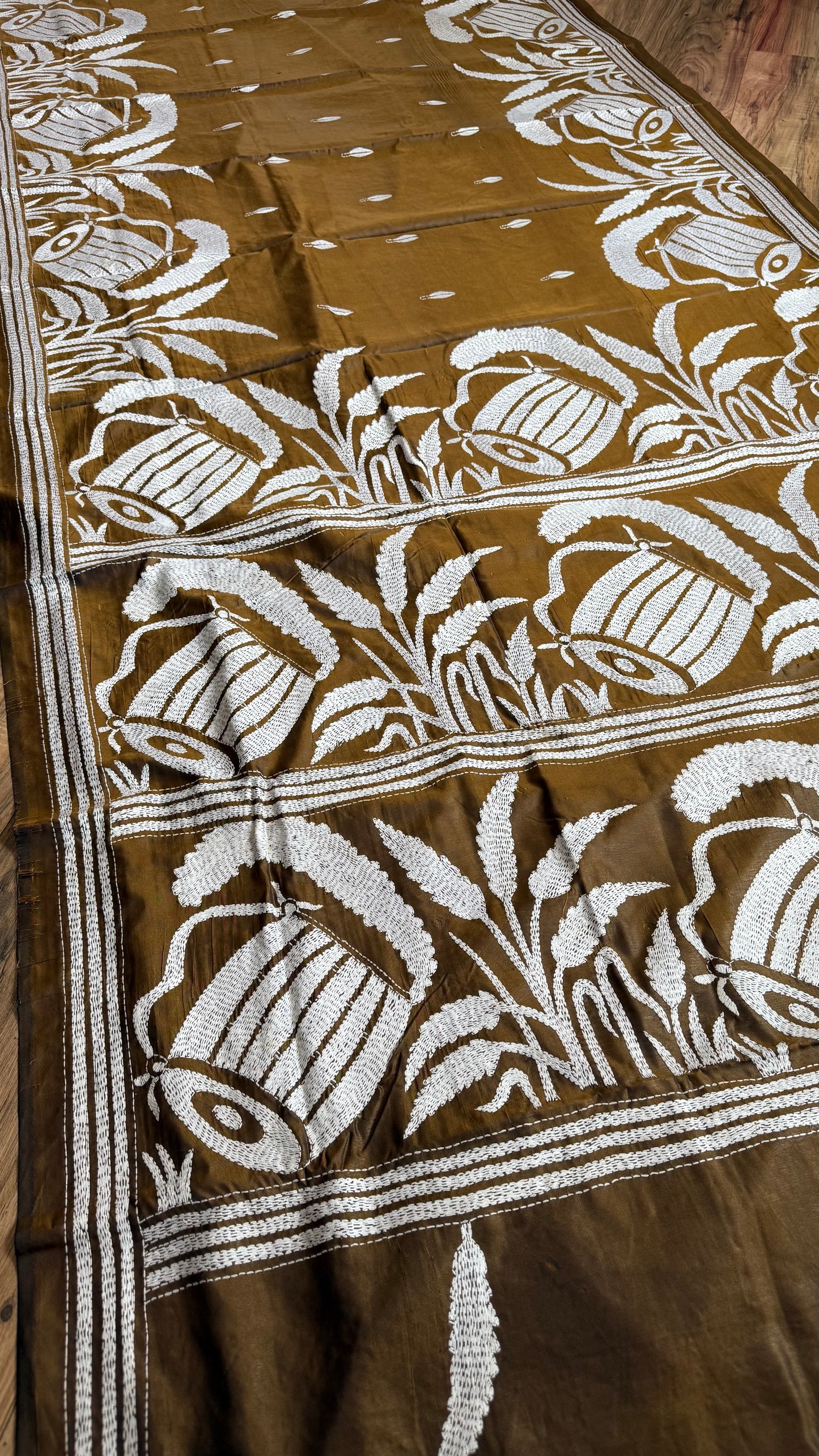 Brown Bangalore Silk Kantha Saree