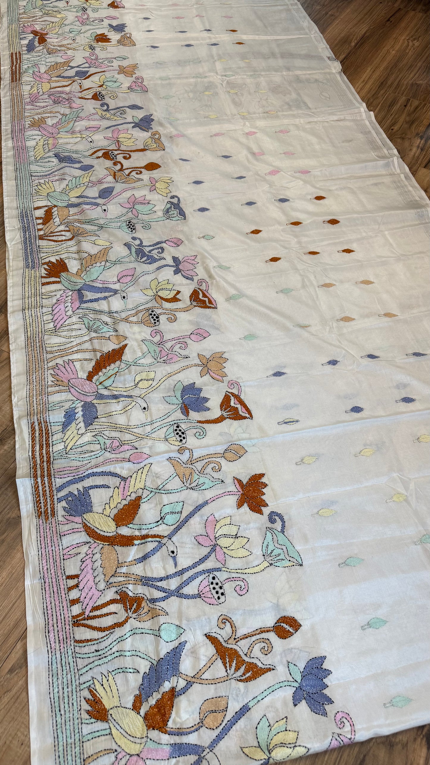 Bangalore Silk Kantha Saree- Heron theme