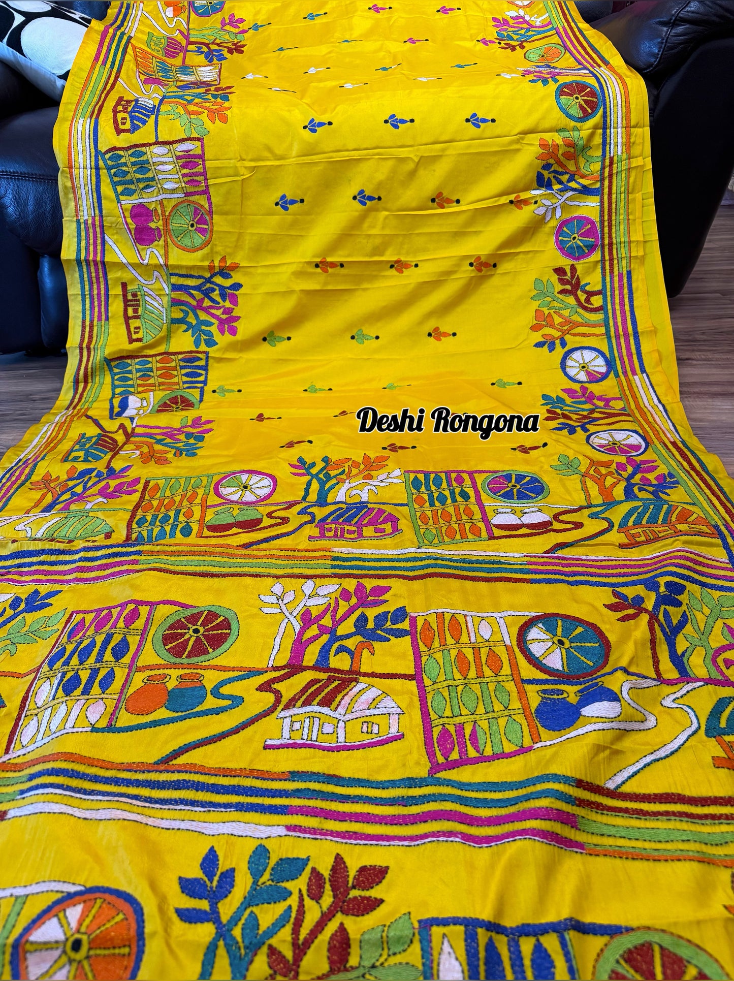 Yellow Bangalore Silk Kantha Saree