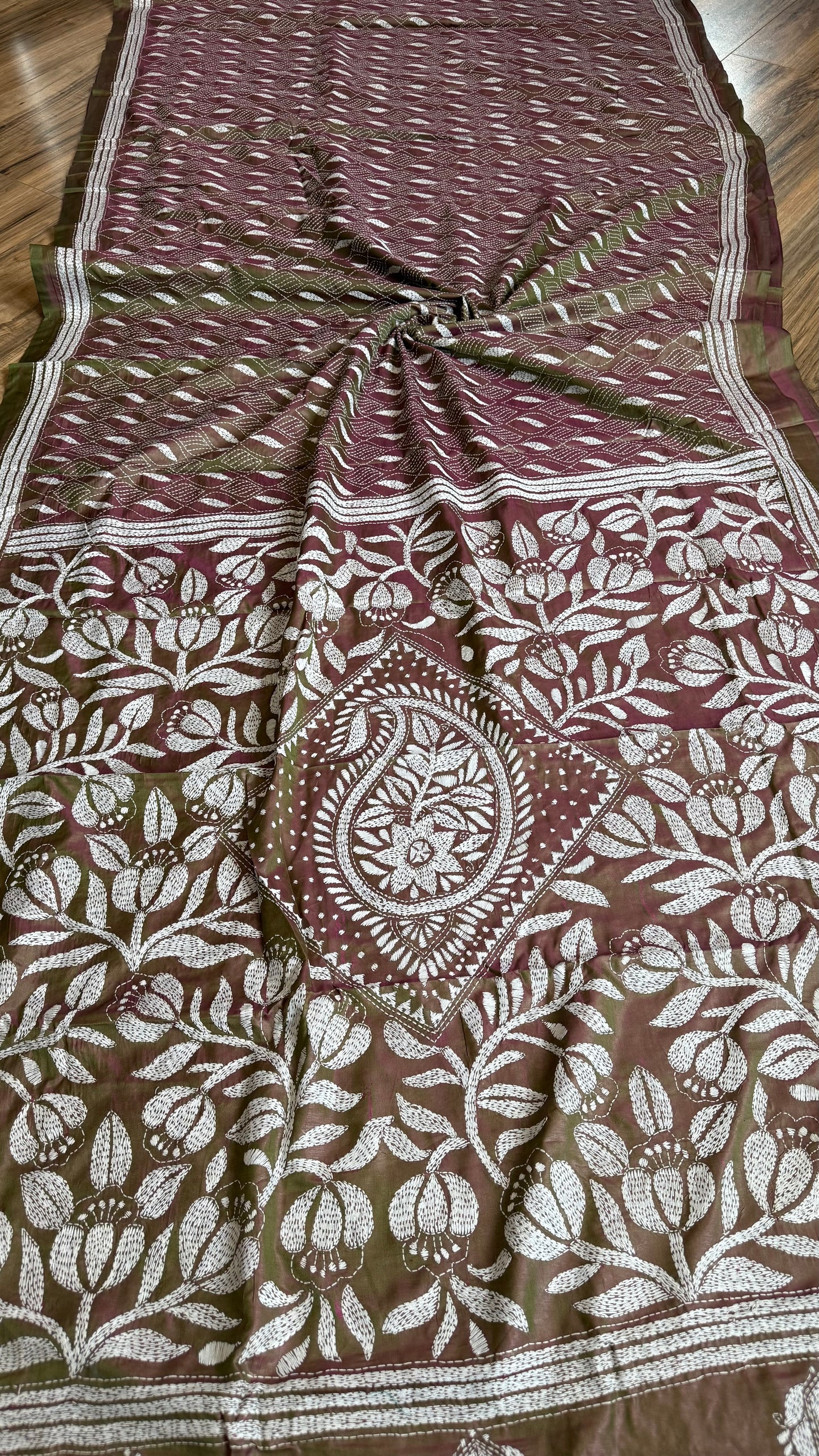 Duel Tone Olive Bangalore Silk Kantha Saree