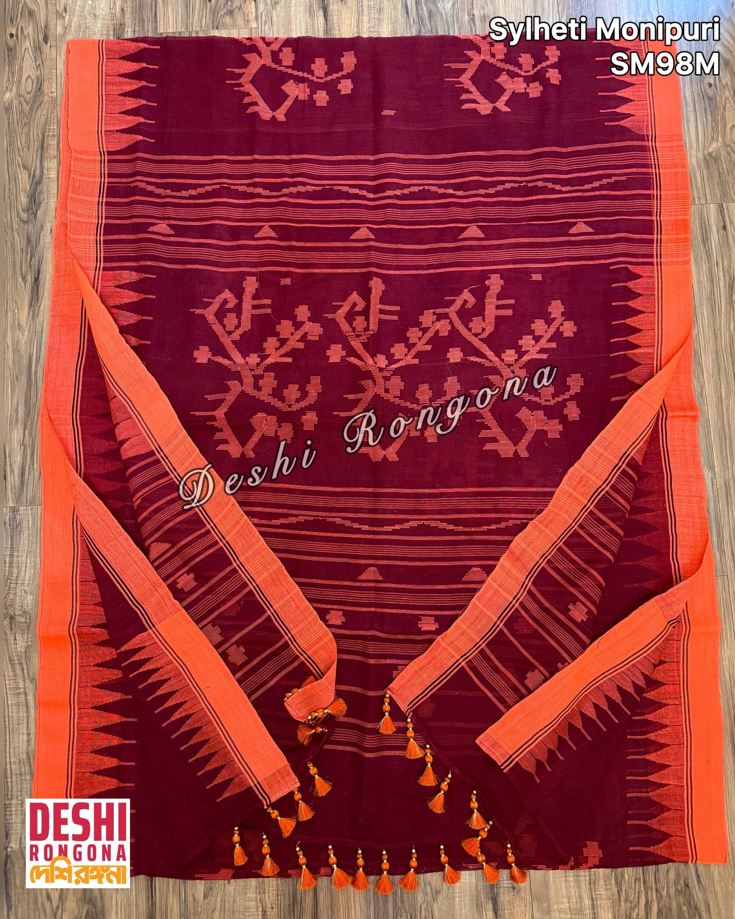 Monipuri Cotton saree, Maroon and Orange