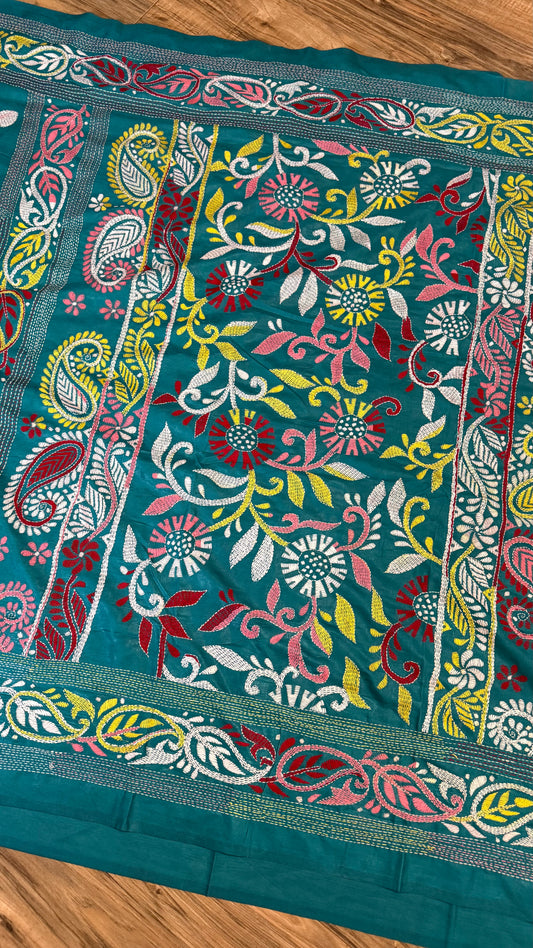 Sea green Bangalore Silk Kantha Saree