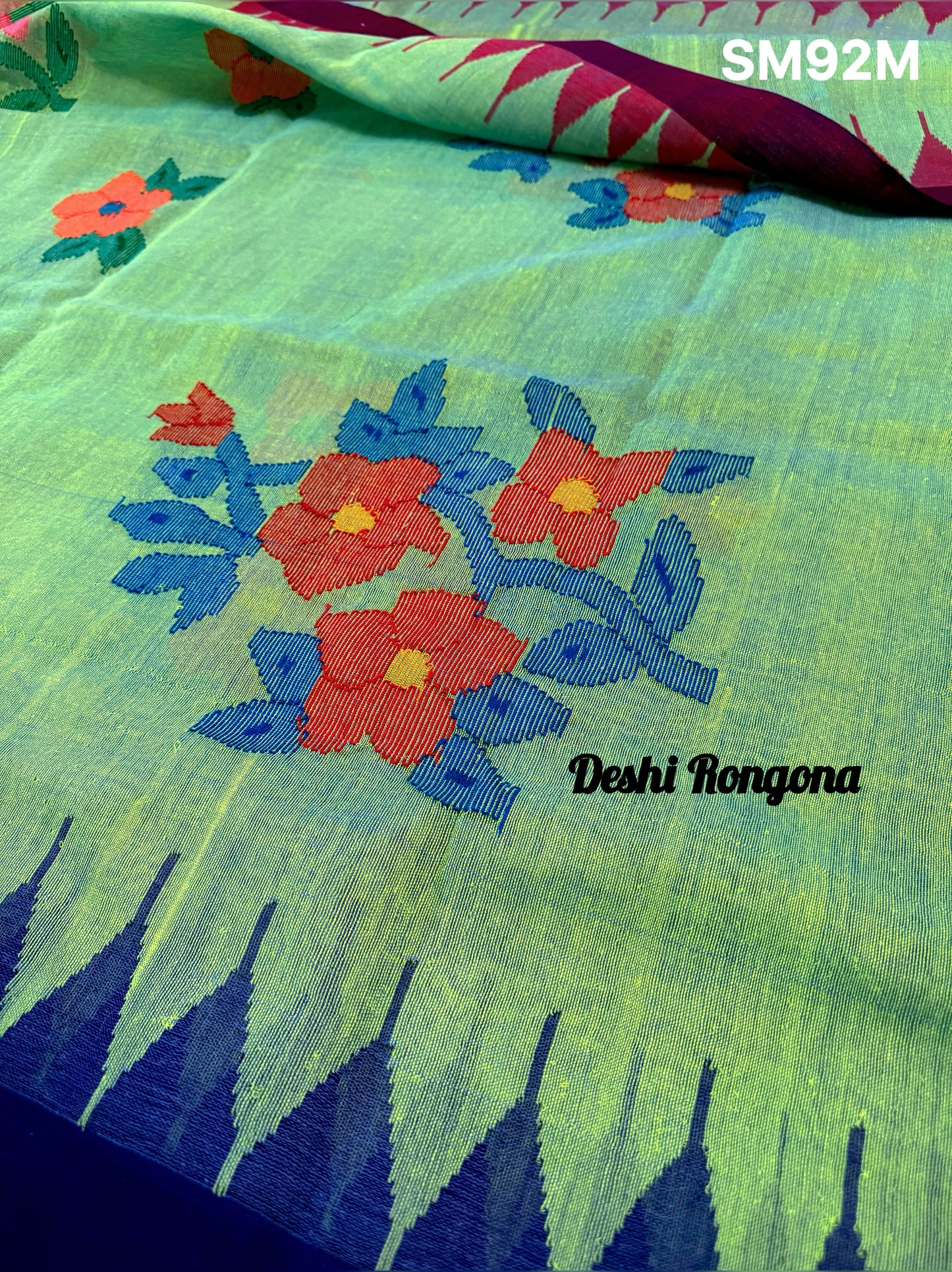 Sylheti Monipuri Saree, Mint with Purple/Blue Border