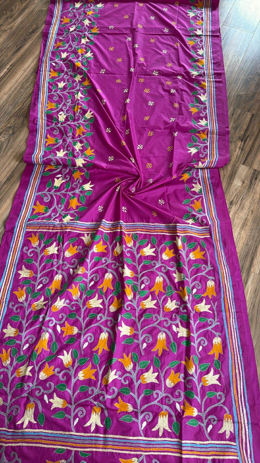 Bright Pink Bangalore Silk Kantha Saree
