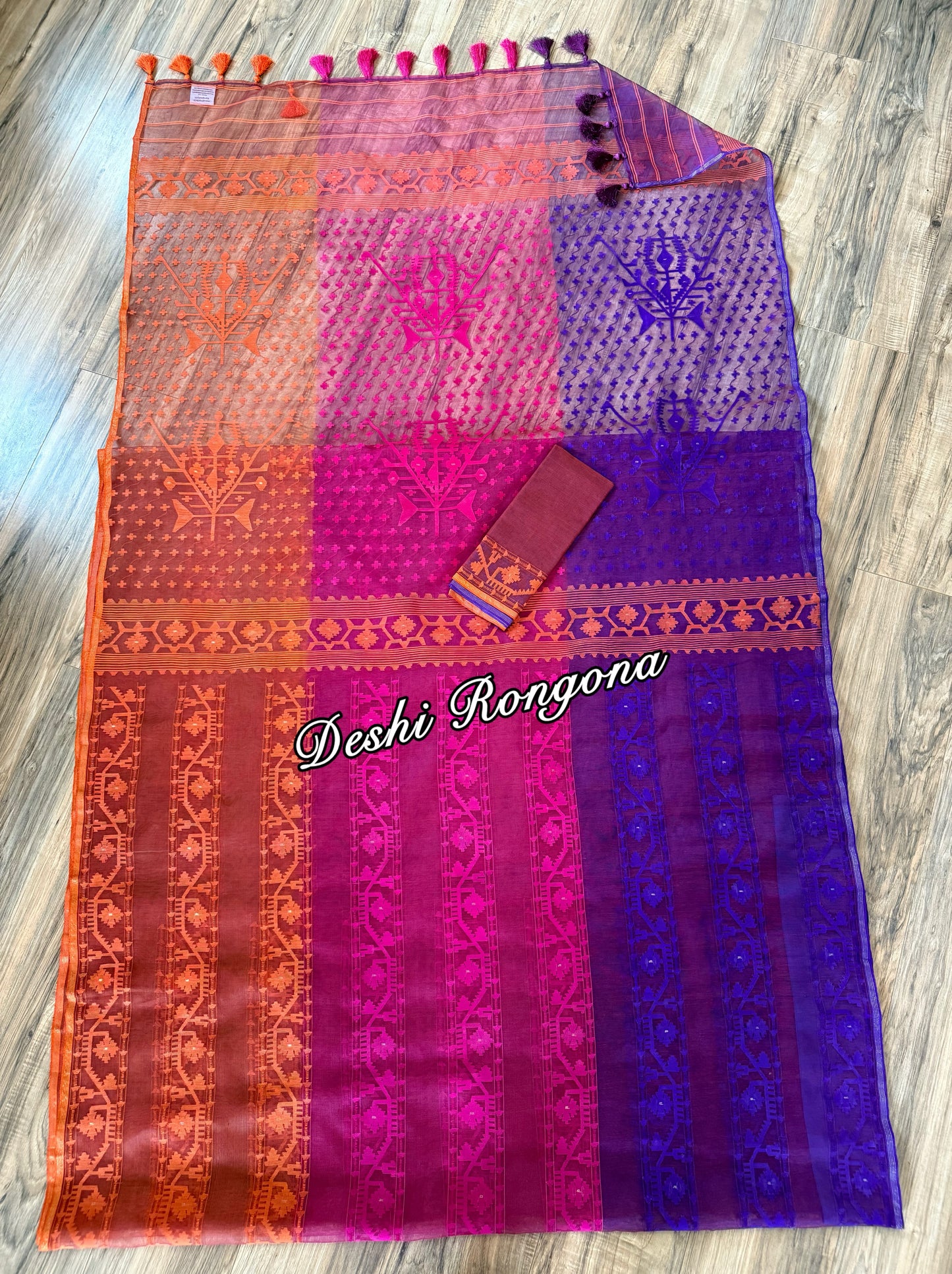 Elegant Magenta Orange Purple Dhakai Jamdani Saree - Handloom Classic