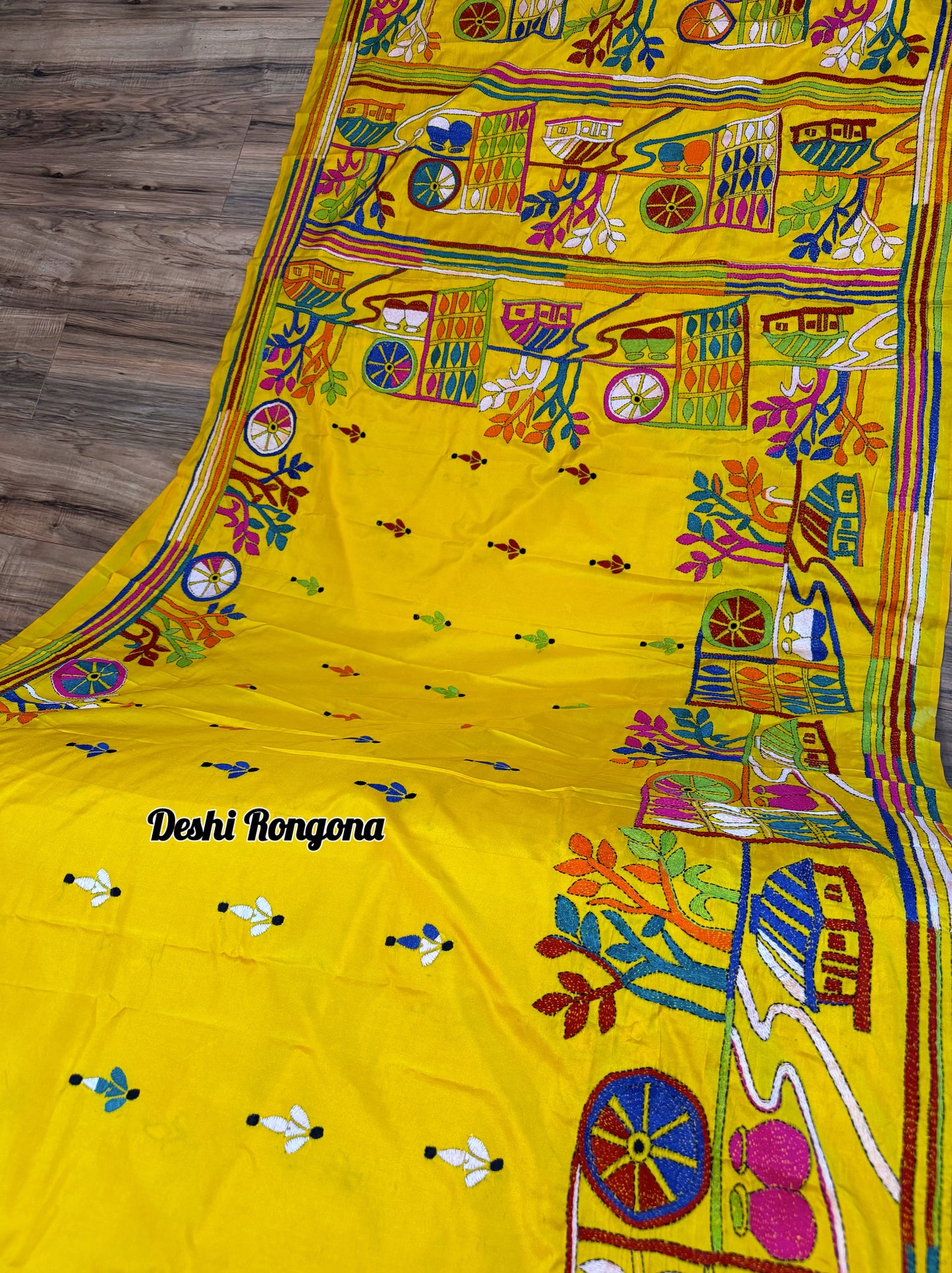 Yellow Bangalore Silk Kantha Saree