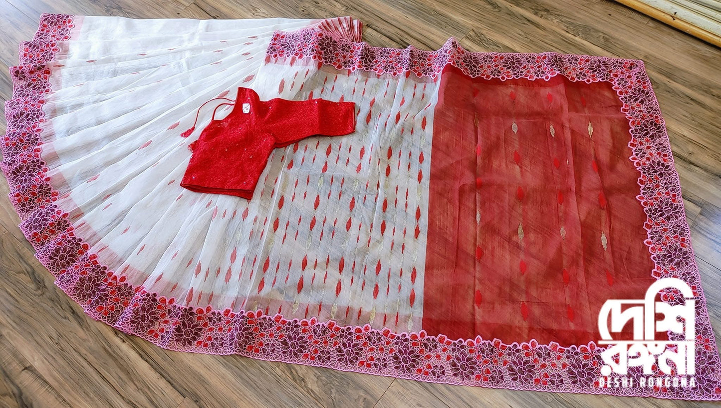 White-Red Cutwork Dhakai Jamdani – Designer Collection