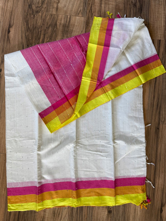 Tangail Cotton Chumki Saree, White -pink border