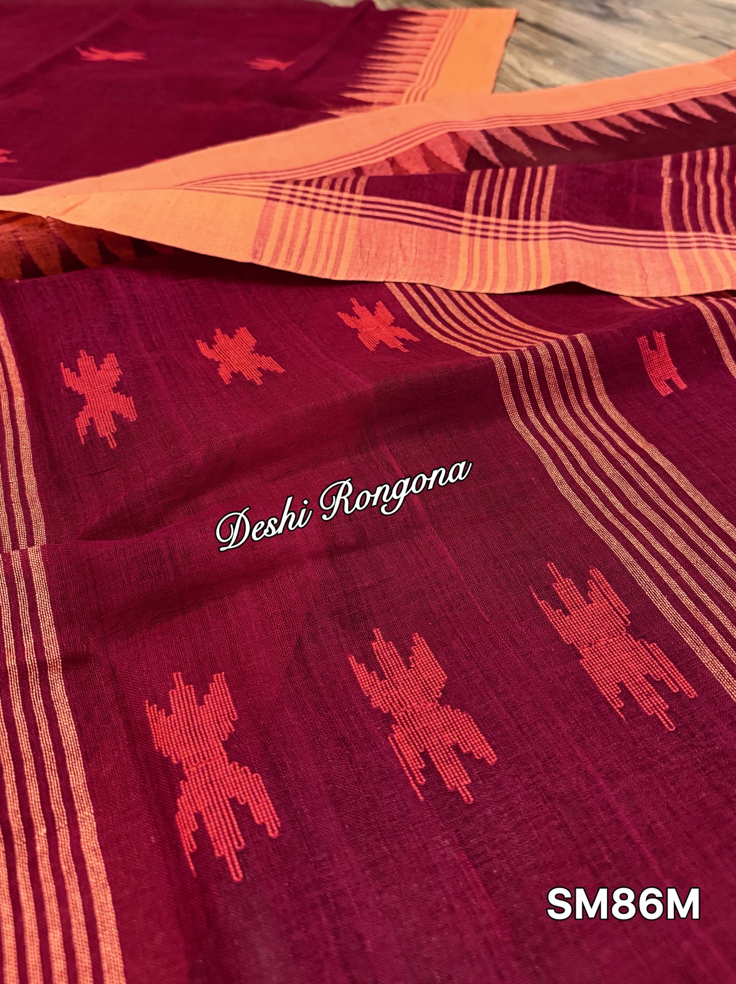 Monipuri Cotton saree, Maroon and Orange