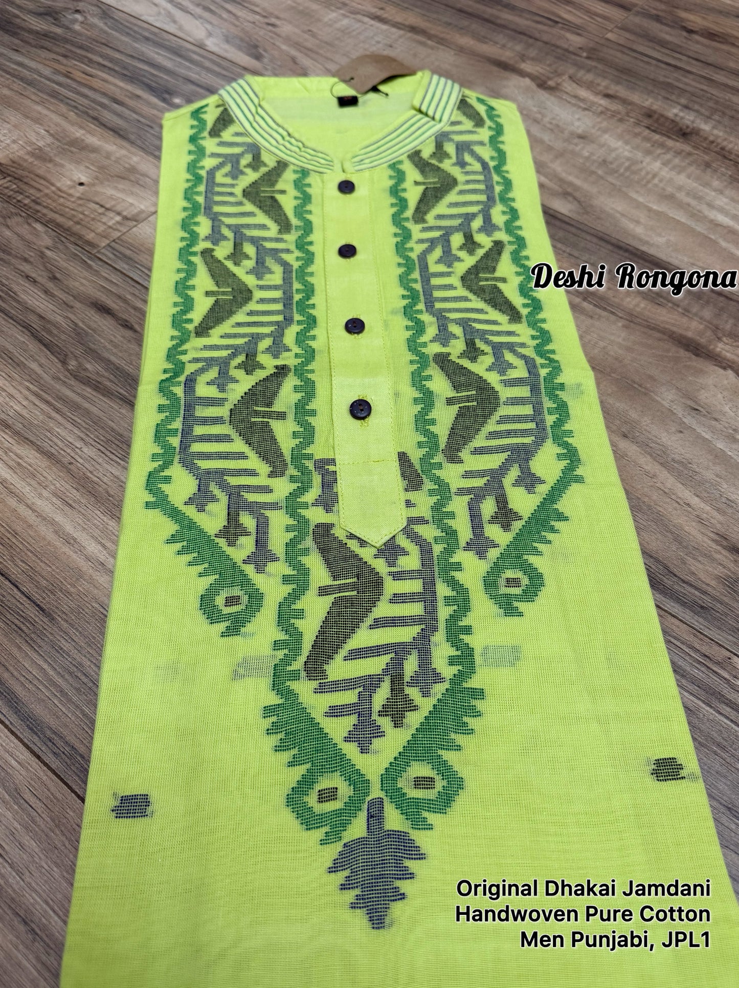 Original Dhakai Jamdani Punjabi, Handwoven Pure Cotton, Lime Color