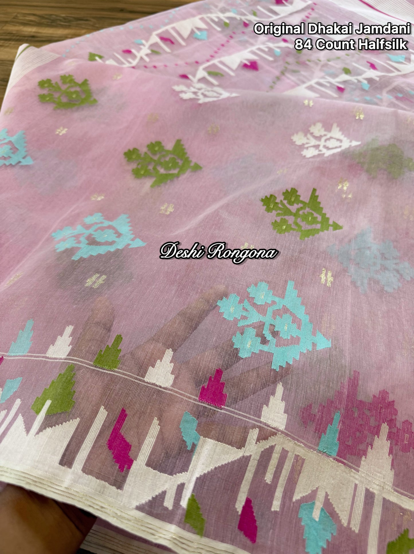 Handwoven Dhakai Jamdani Saree – Baby Pink Halfsilk