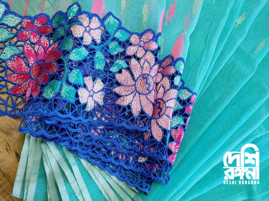 Turquoise Dhakai Jamdani with Cutwork Embroidery