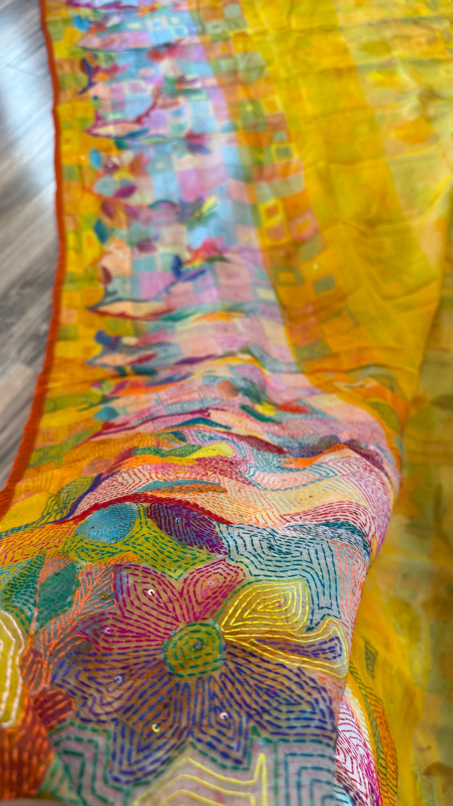 Pure Moslin Saree with Hand kantha and Handpaint