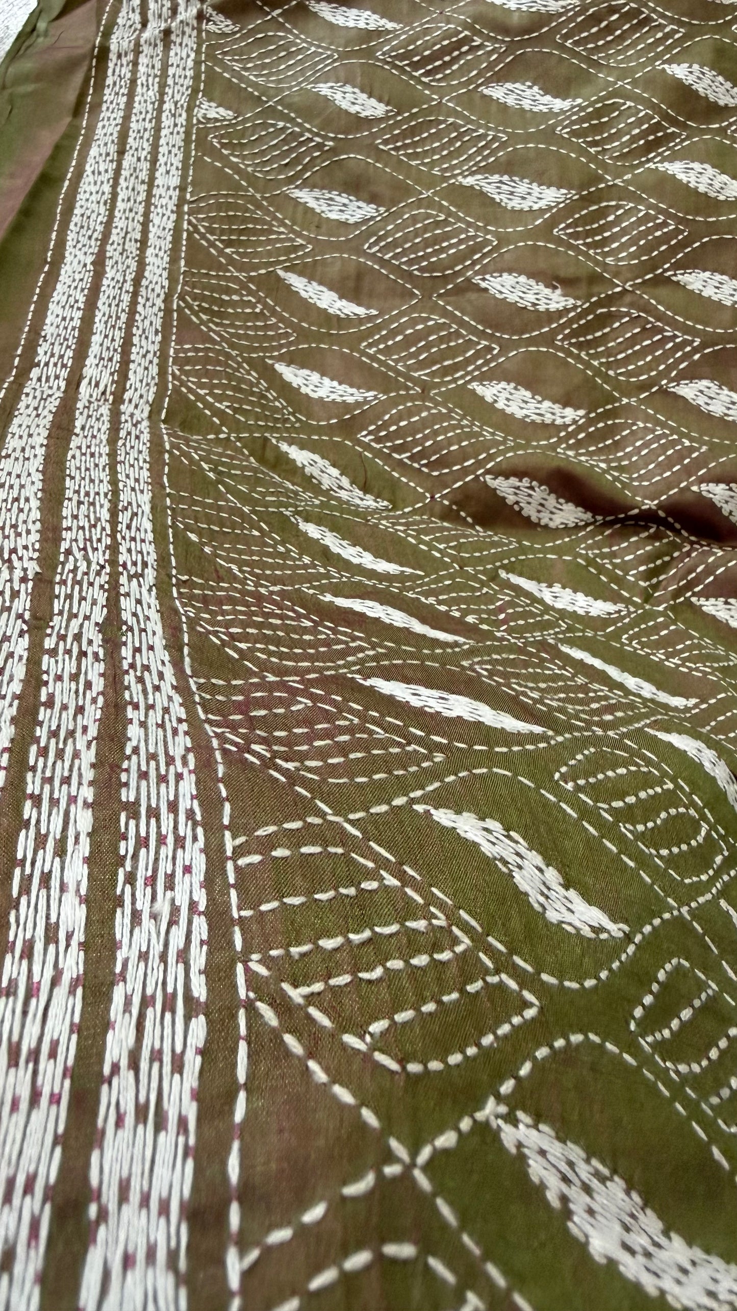 Duel Tone Olive Bangalore Silk Kantha Saree