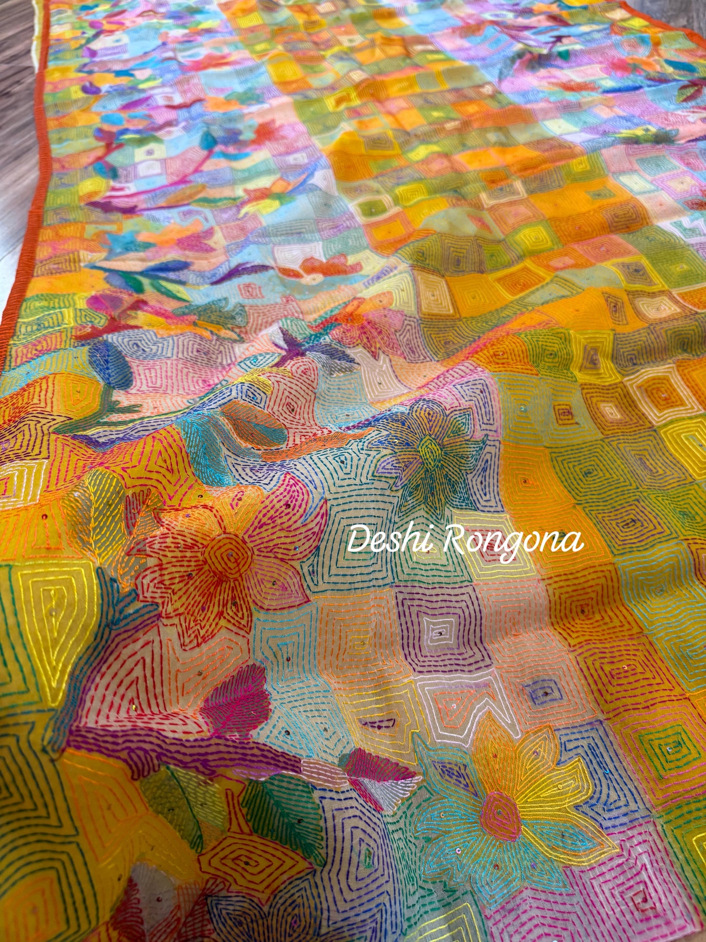 Pure Moslin Saree with Hand kantha and Handpaint