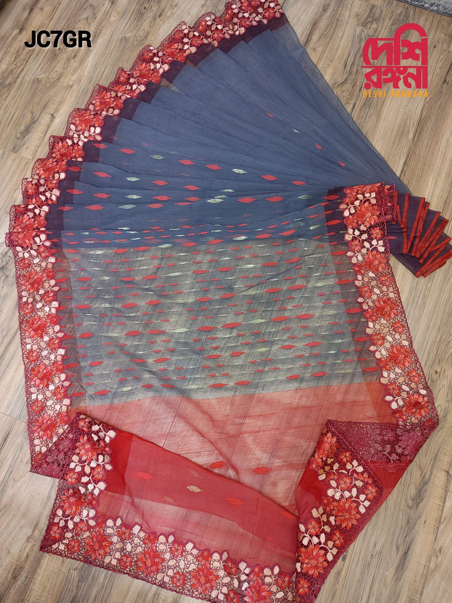 Gray-Red Cutwork Dhakai Jamdani – Halfsilk 64 count