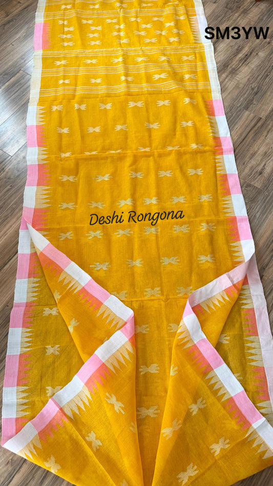 Sylheti Monipuri Handwoven Cotton Saree – Yellow