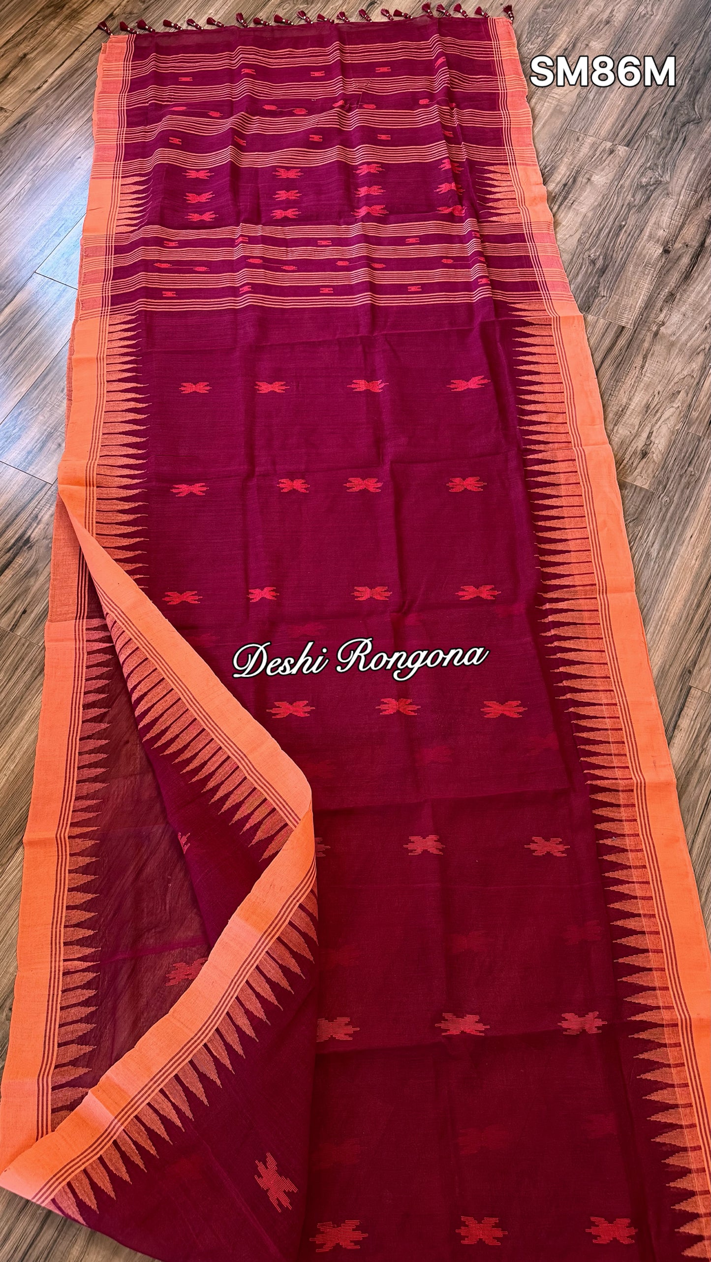 Monipuri Cotton saree, Maroon and Orange