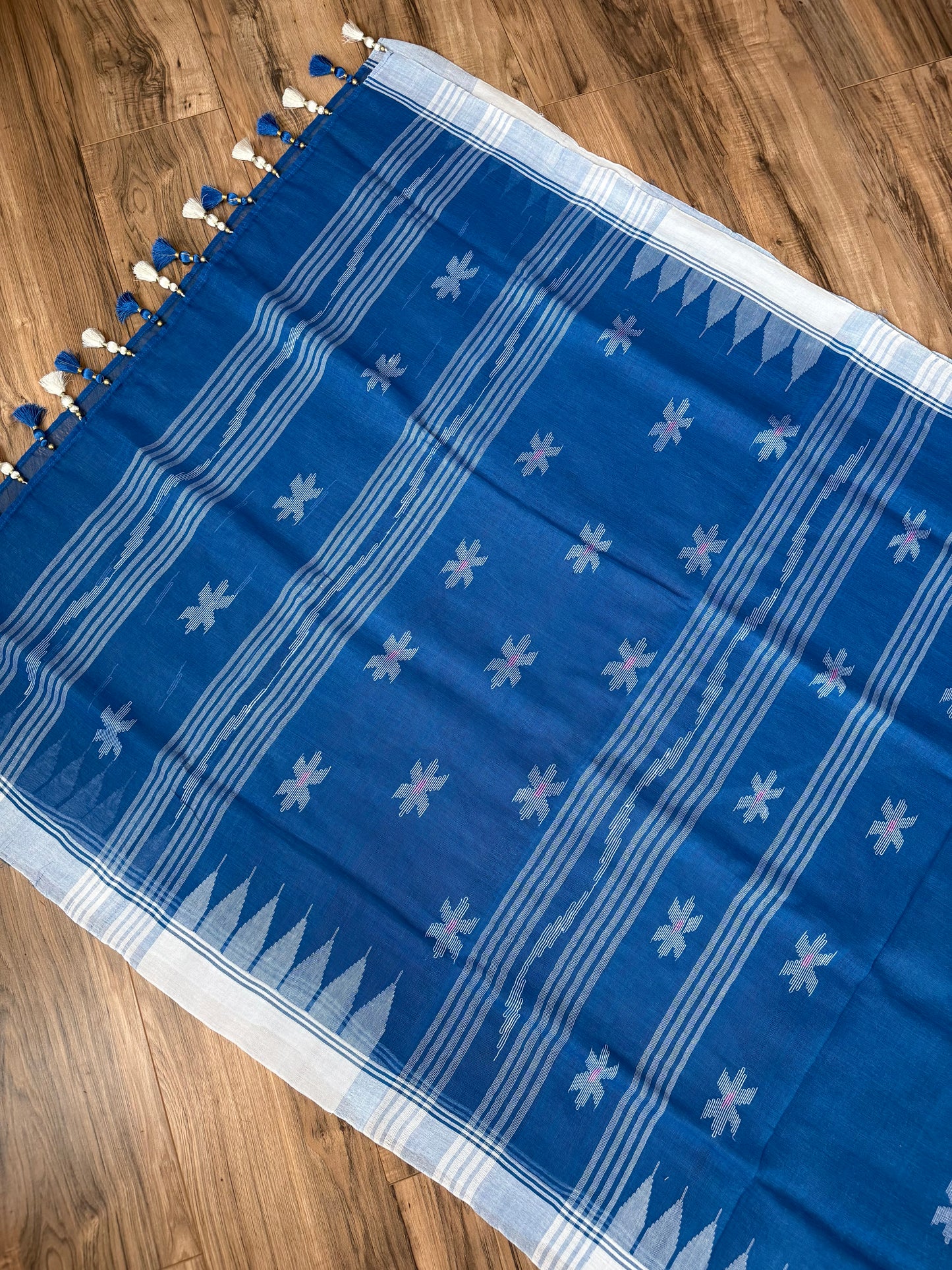 Sylheti Monipuri Handwoven Cotton Saree - Blue