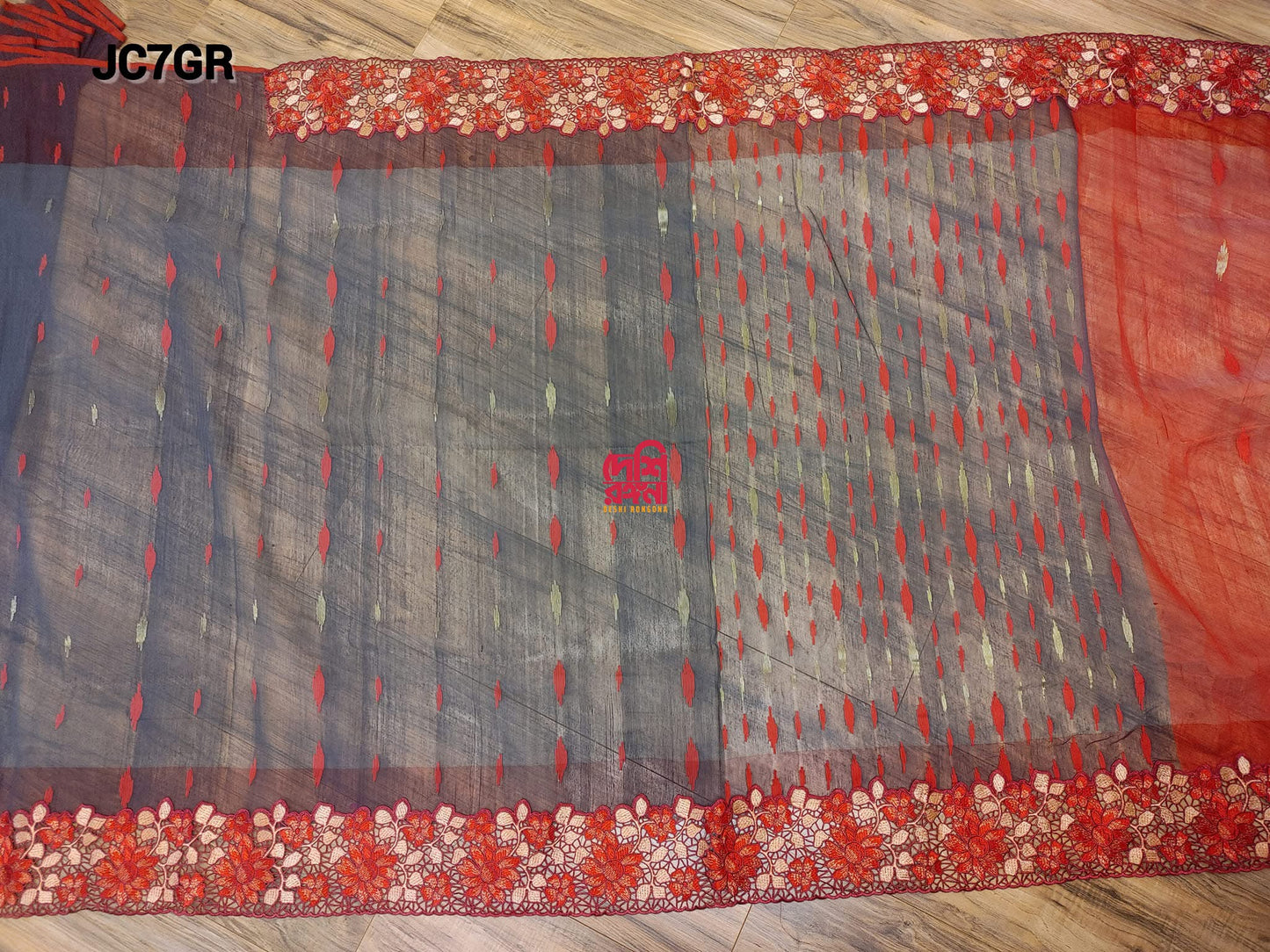 Gray-Red Cutwork Dhakai Jamdani – Halfsilk 64 count