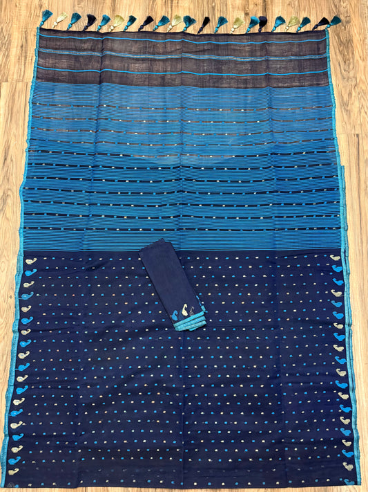 Original Dhakai Jamdani Saree - Navy Blue