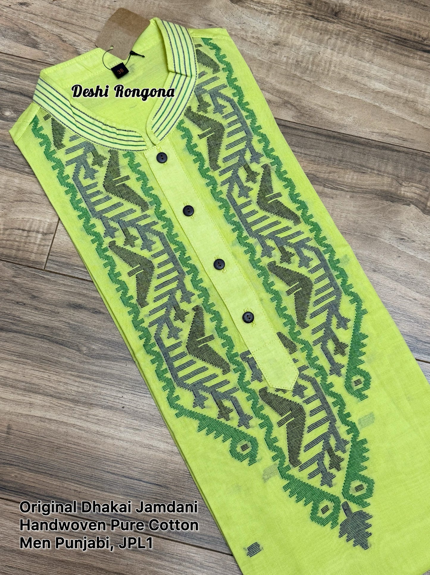 Original Dhakai Jamdani Punjabi, Handwoven Pure Cotton, Lime Color