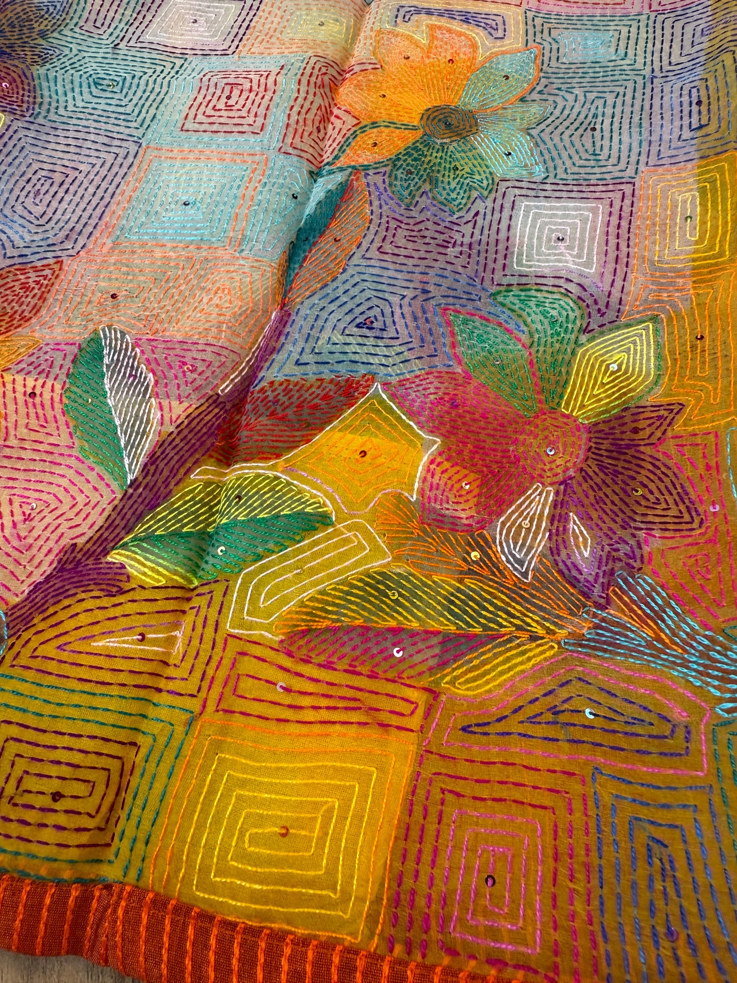 Pure Moslin Saree with Hand kantha and Handpaint