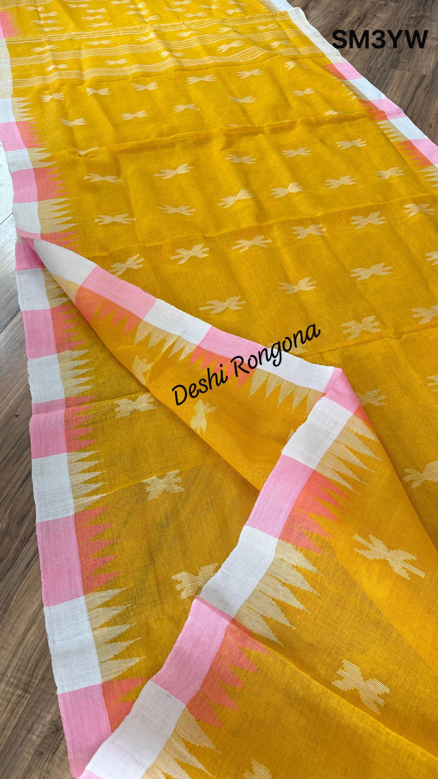 Sylheti Monipuri Handwoven Cotton Saree – Yellow