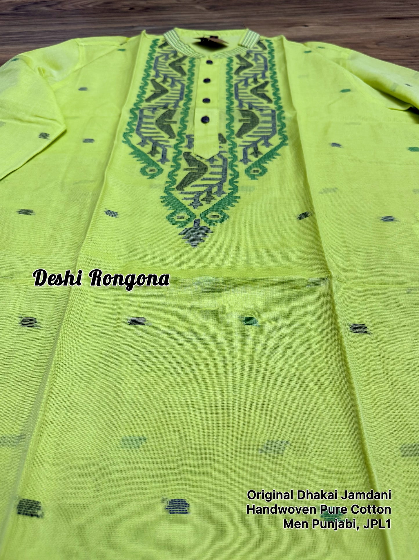 Original Dhakai Jamdani Punjabi, Handwoven Pure Cotton, Lime Color