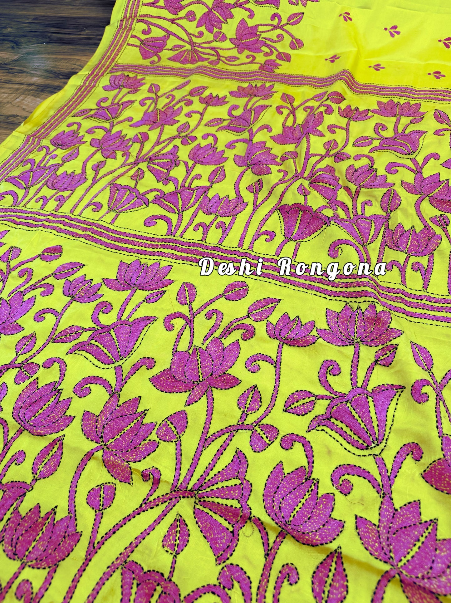 Yellow Bangalore Silk Magenta work Kantha Saree