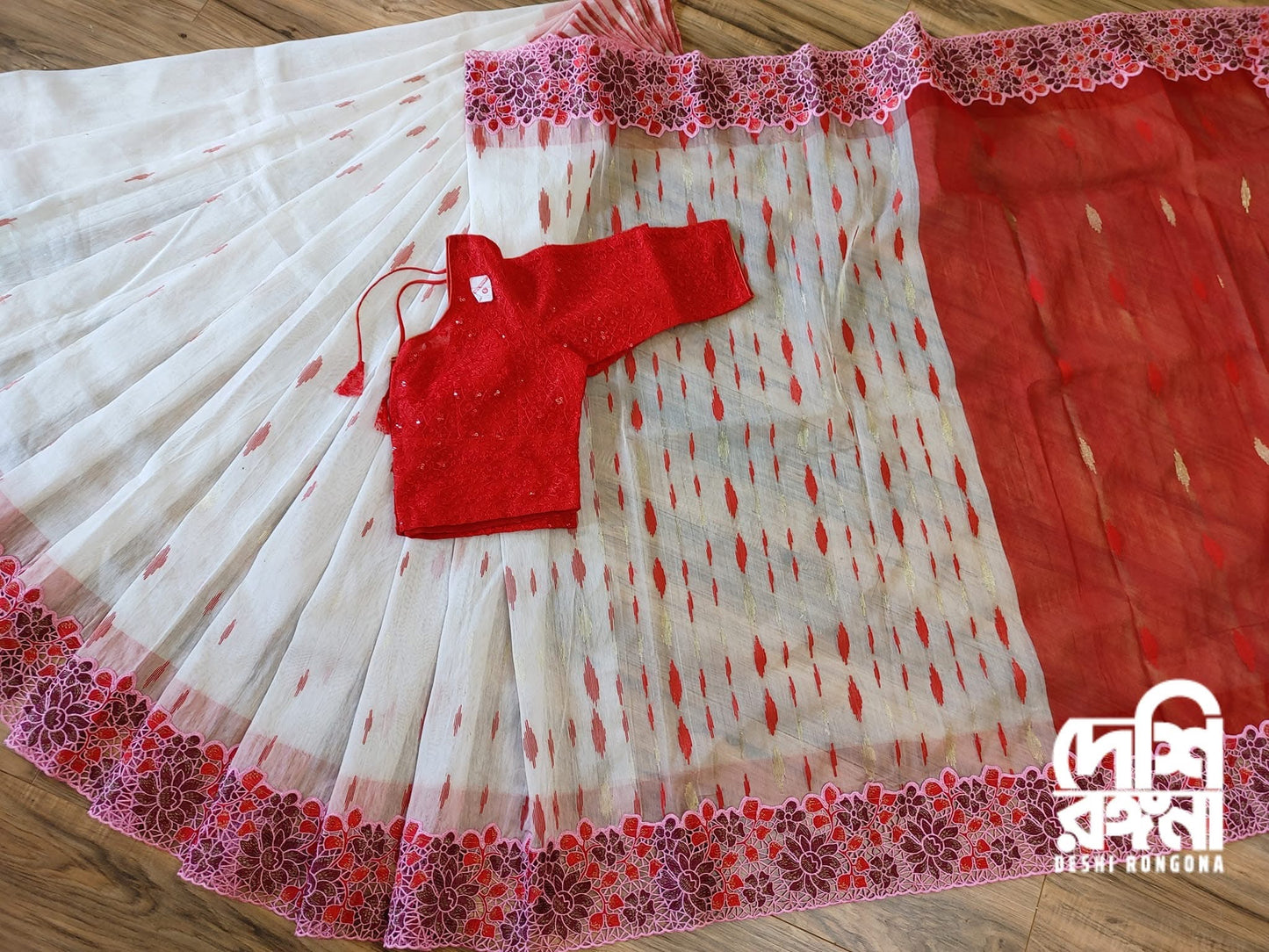 White-Red Cutwork Dhakai Jamdani – Designer Collection