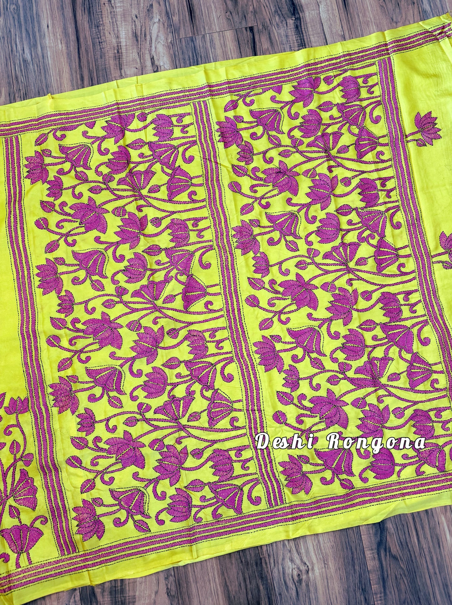 Yellow Bangalore Silk Magenta work Kantha Saree
