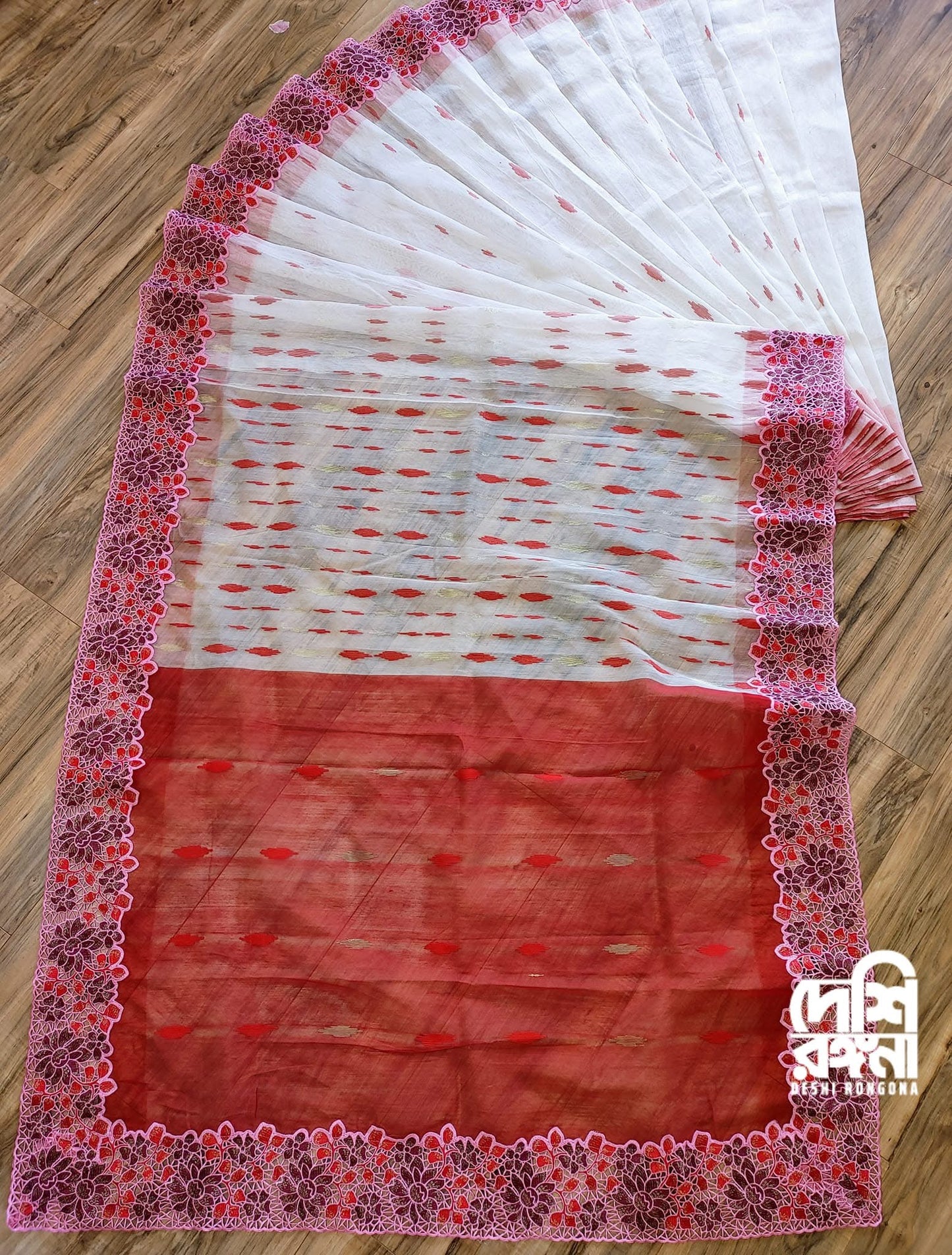 White-Red Cutwork Dhakai Jamdani – Designer Collection