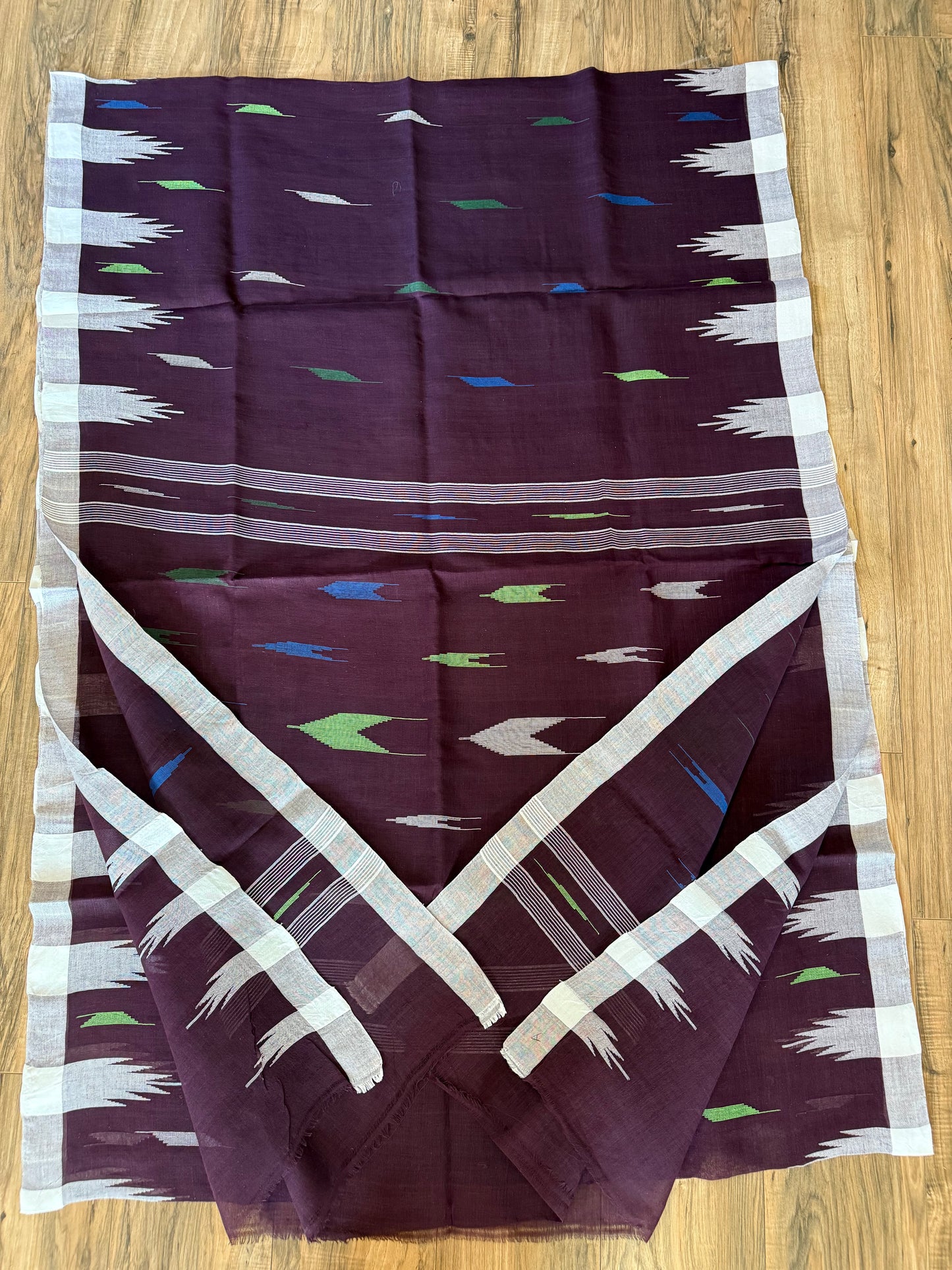 Sylheti Monipuri Handwoven Saree – Coffee with White Border