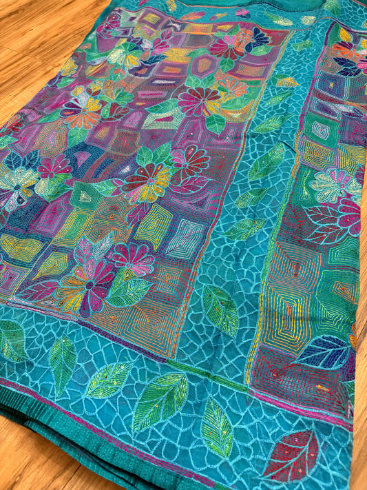 Pure Moslin Saree with Hand kantha and Handpaint