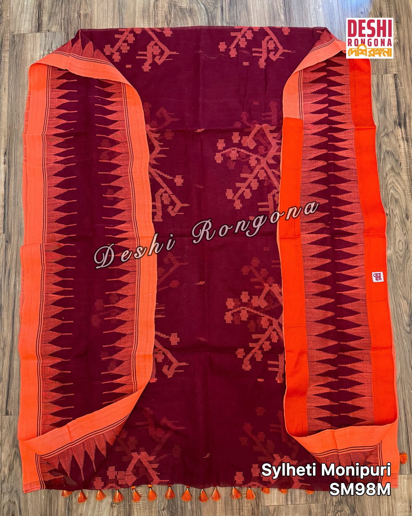 Monipuri Cotton saree, Maroon and Orange