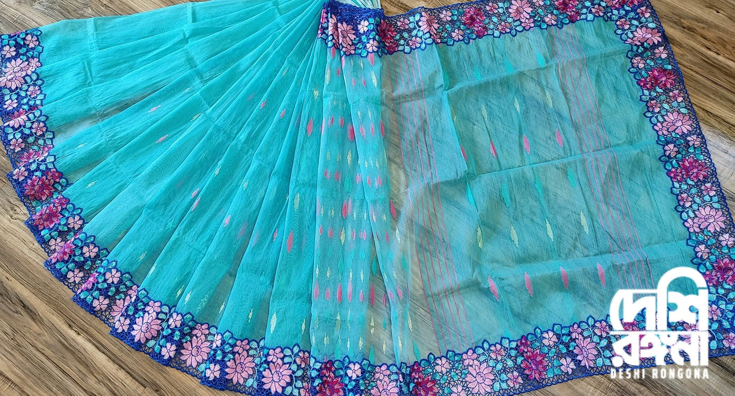 Turquoise Dhakai Jamdani with Cutwork Embroidery
