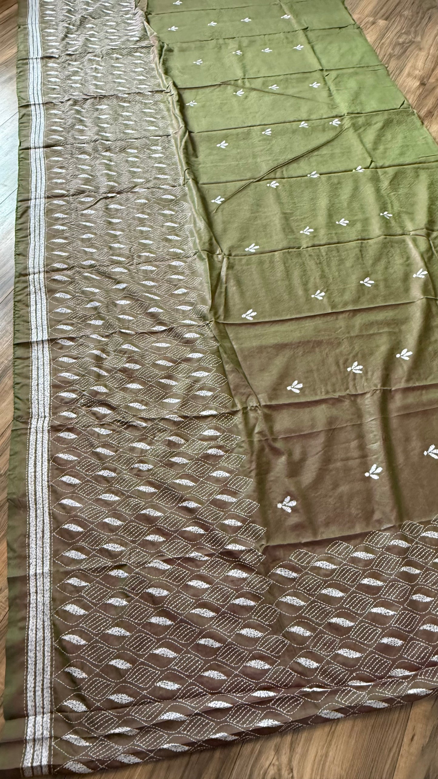 Duel Tone Olive Bangalore Silk Kantha Saree