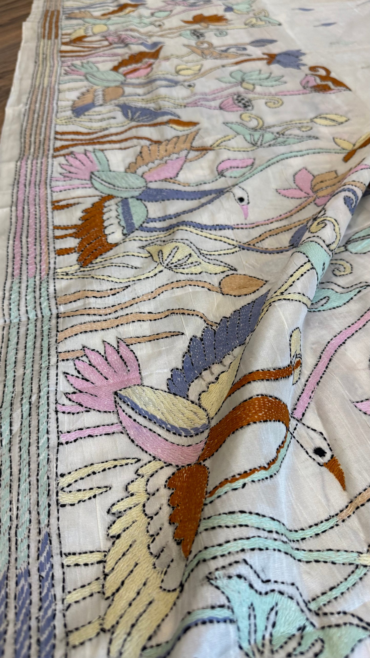 Bangalore Silk Kantha Saree- Heron theme