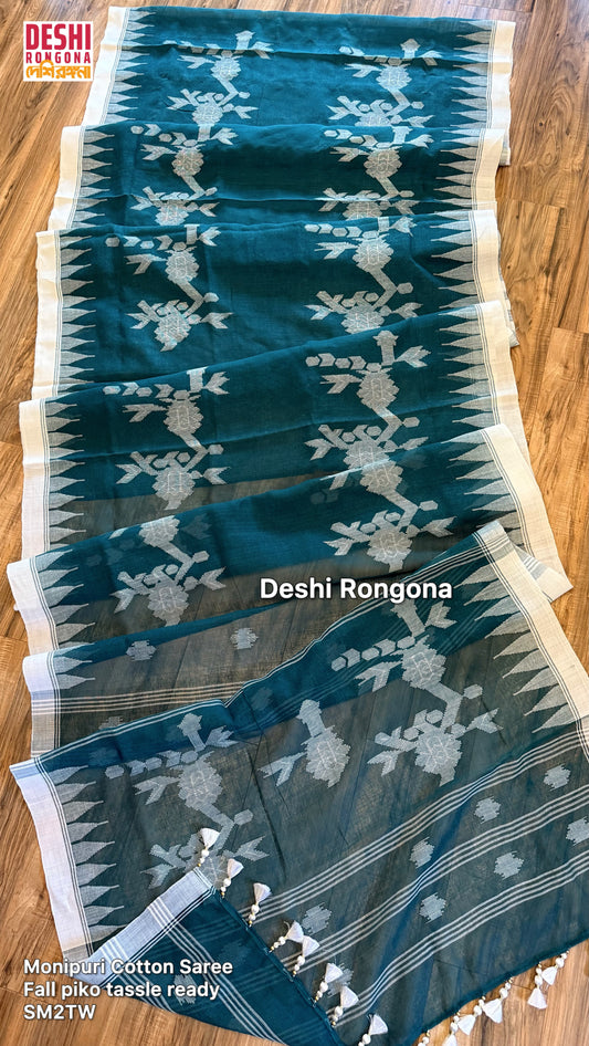 Monipuri Handwoven Cotton Saree – Teal & White