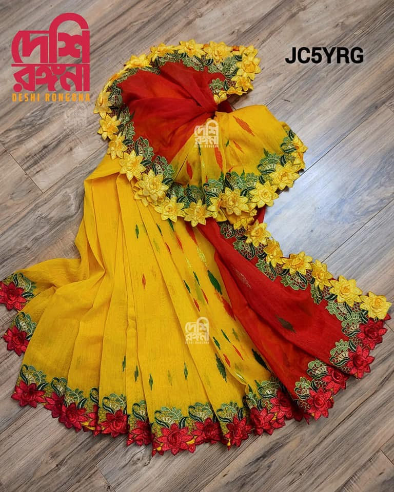 Yellow Original Dhakai Jamdani with Cutwork Gamga Jamuna 3D Embroidery