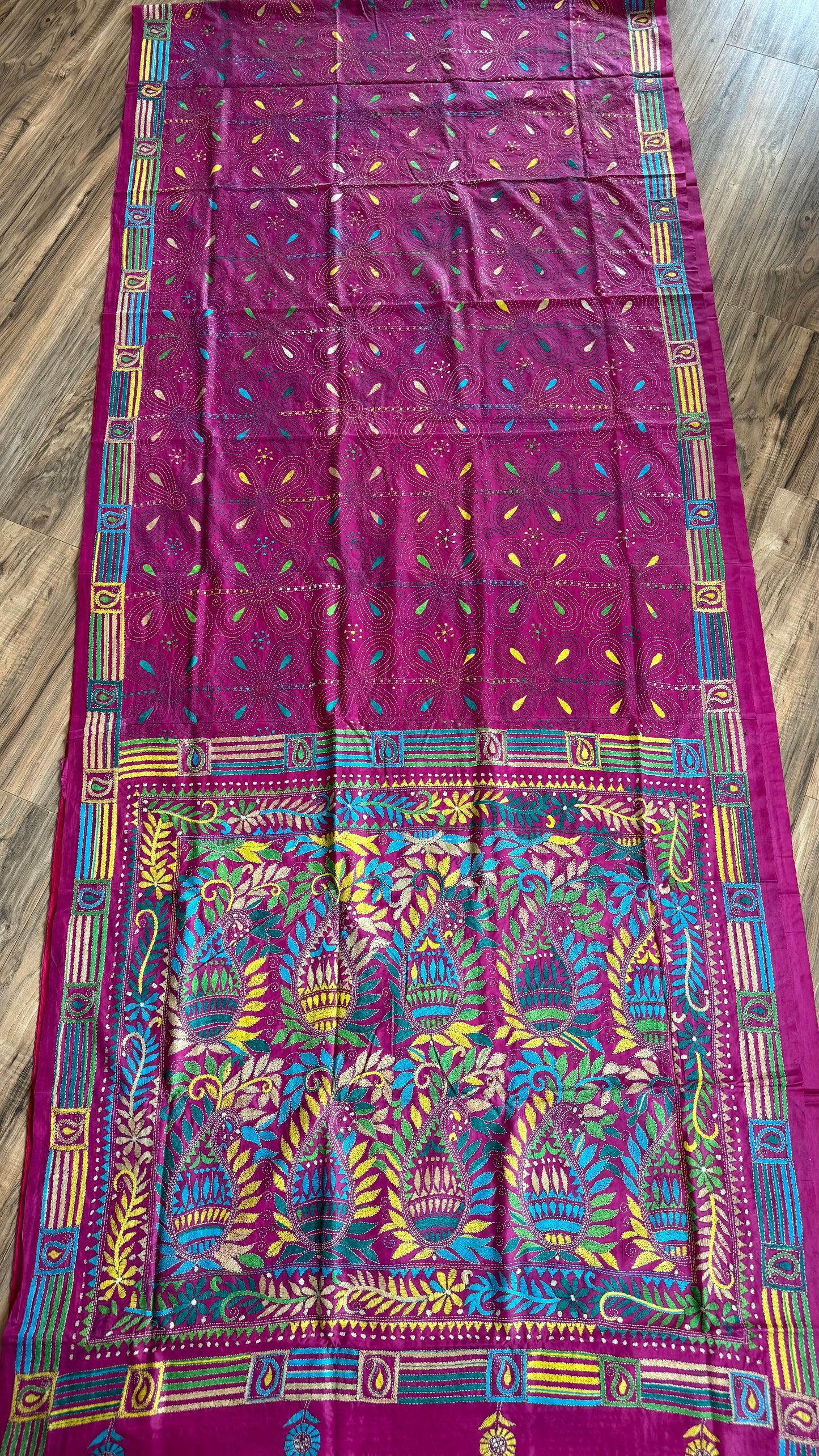 Magenta Pink Bangalore Silk Kantha Saree