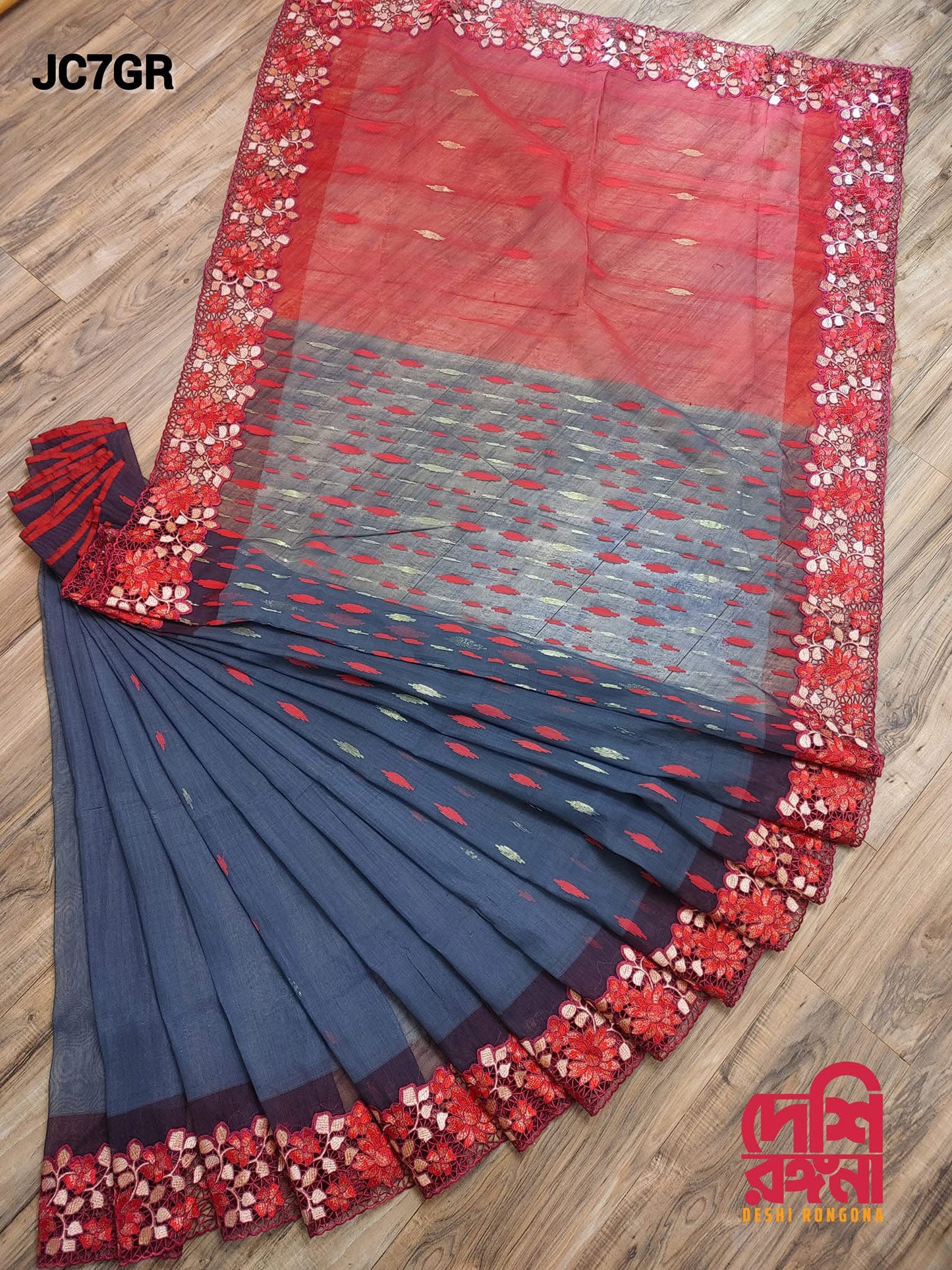 Gray-Red Cutwork Dhakai Jamdani – Halfsilk 64 count