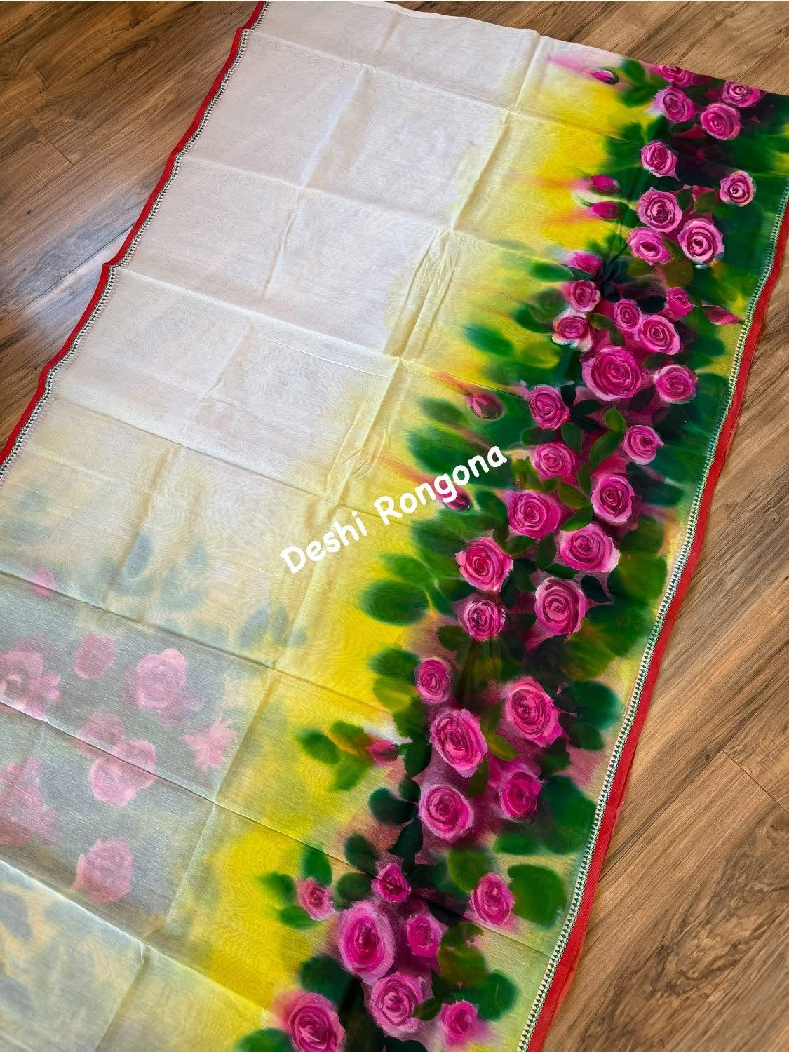 Rose Bloom Handpainted Saree on Tangail Halfsilk