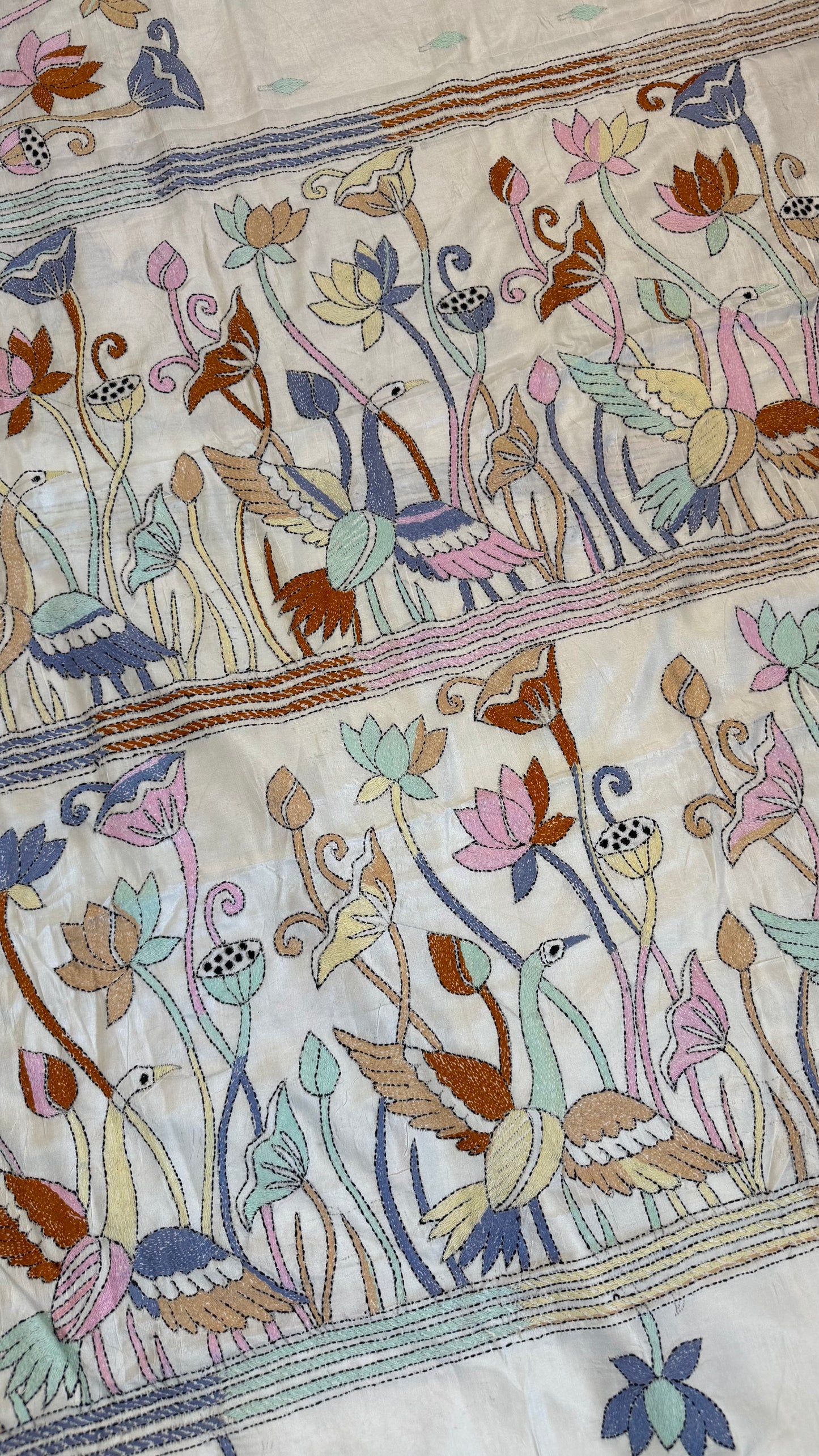 Bangalore Silk Kantha Saree- Heron theme