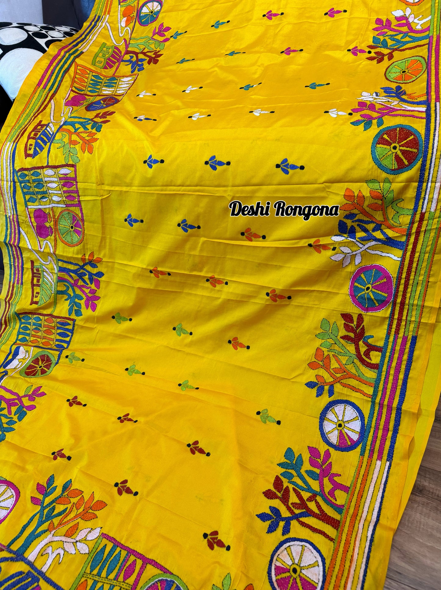 Yellow Bangalore Silk Kantha Saree