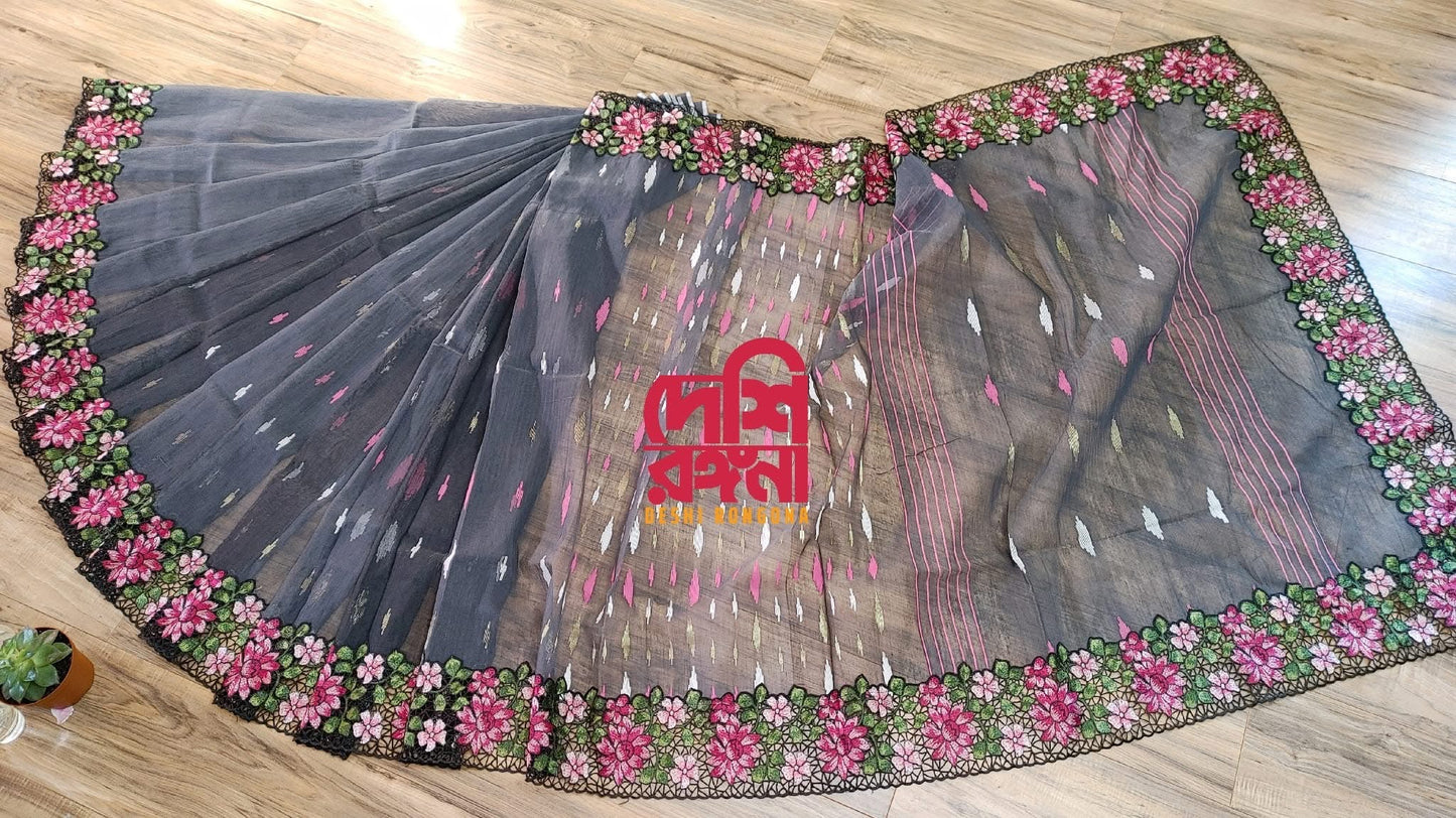 Gray Cutwork Dhakai Jamdani – Halfsilk 64 count